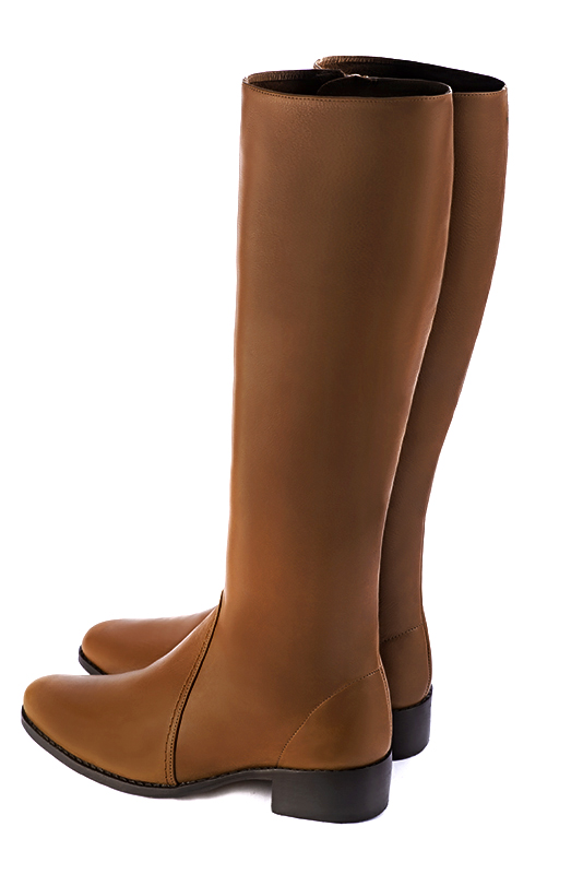 Caramel brown women's riding knee-high boots. Round toe. Low leather soles. Made to measure. Rear view - Florence KOOIJMAN